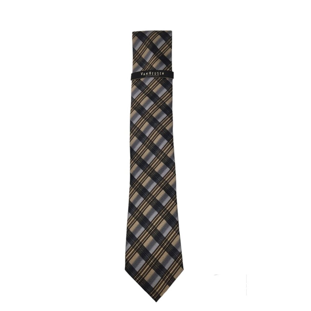 NWT Van Heusen Plaid All Silk Tie Narrow 2-3/4" Wide Blue Black‎ Beige NEW